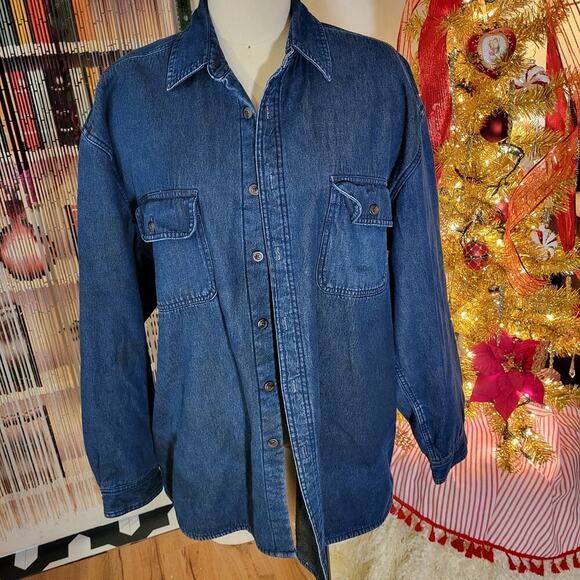 Lanesboro 100% Cotton Blue Denim Brown Fleece Lined Collared Button Up Jacket XL - Picture 1 of 9